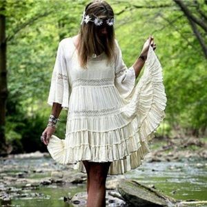 S Free People Dream Cloud tiered Ivory Boho 3/4 sleeve dress